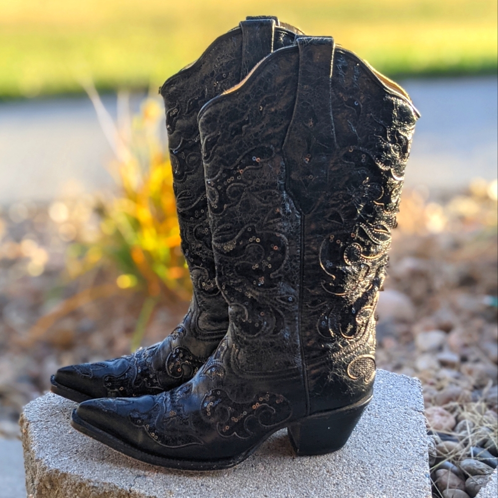 CORRAL A1070 black distressed goat skin leather & sequins cowgirl boots sz 6 EUC